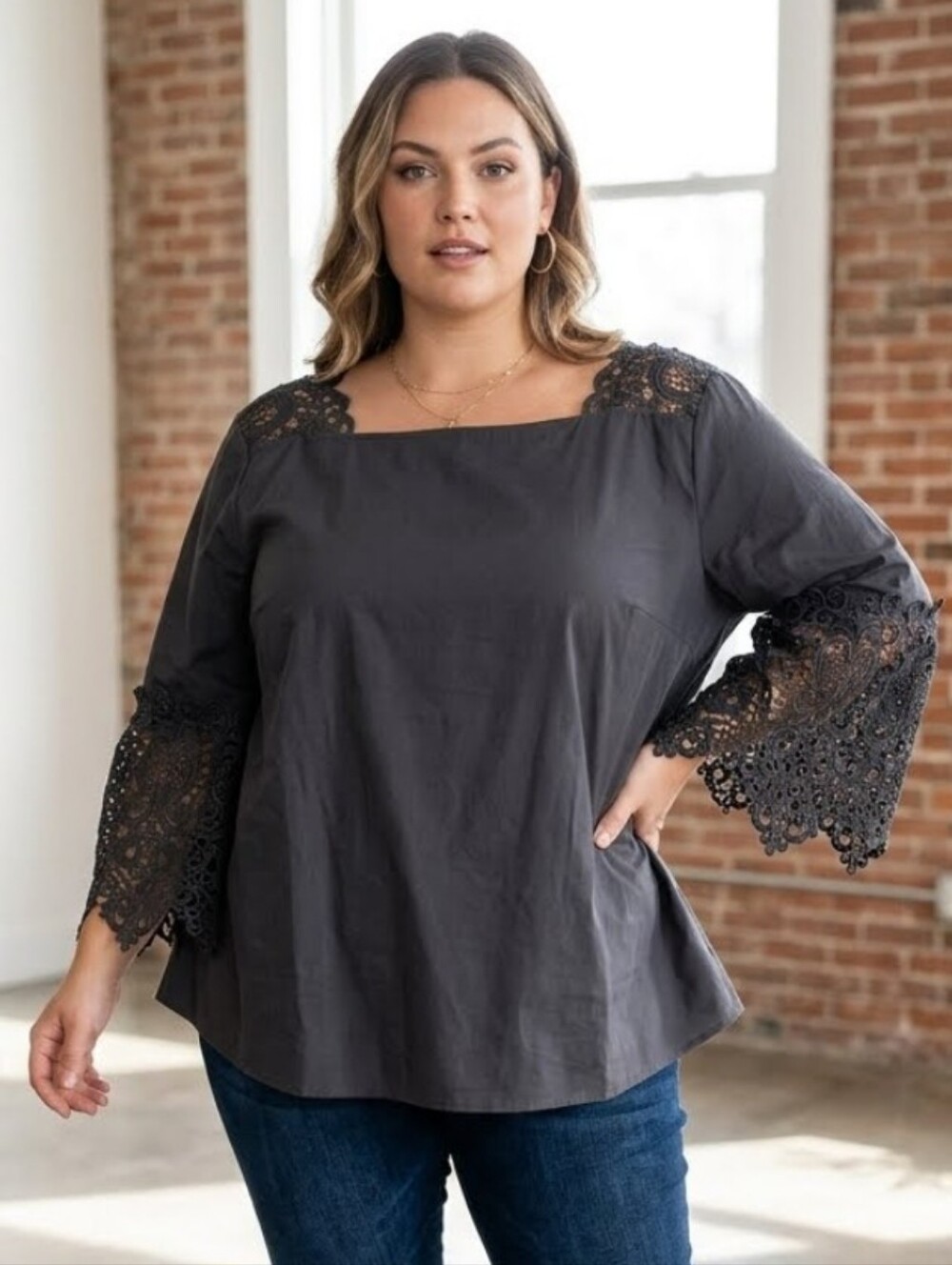MARLET Black Crochet-Trim Bell Sleeve PLUS SIZE Top 3X